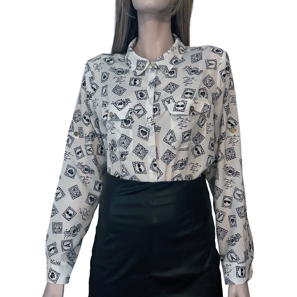 Karl Lagerfeld Paris Shirt Blouse Graphic Travel Graffiti Print Eiffel Tower - Picture 2 of 16